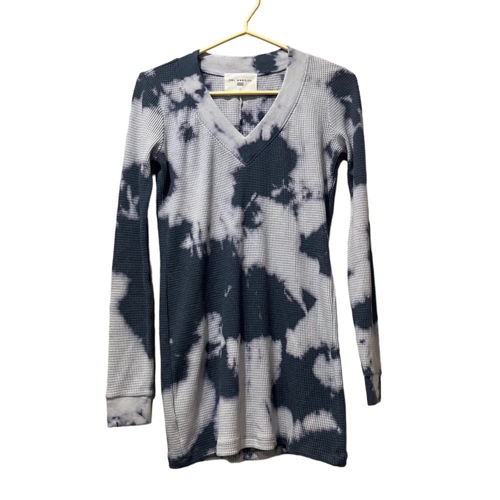 Anthropologie Sol Angeles Waffle Knit ‎ Dress Small Tie Dye Blue White V Neck
